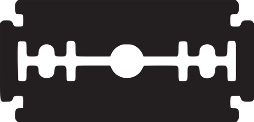 A stark black razor blade icon isolated against a plain white background in a minimalist style design