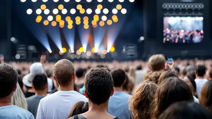 Exciting concert atmosphere in a large outdoor venue during summer, featuring bright lights and enthusiastic crowd of music fans enjoying live performance