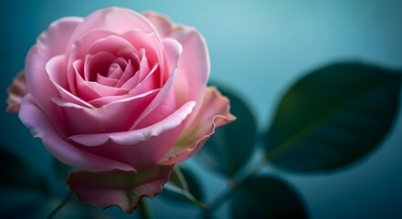 Closeup of a delicate pink rose with soft petals and green leaves behind
