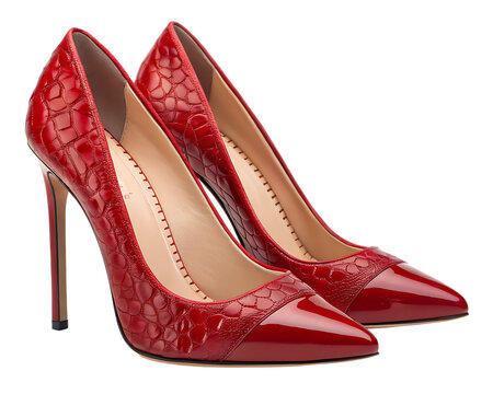 Elegant red croc embossed stiletto heels isolated on transparent background