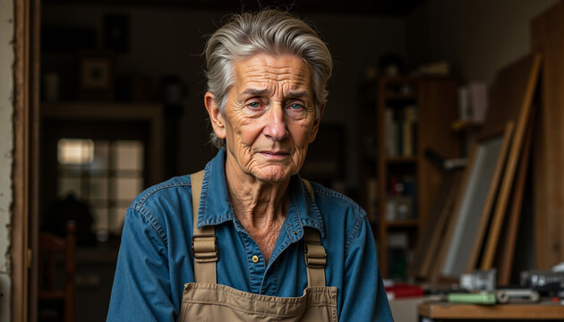 Elderly woman sitting in workshop and looking thoughtfully at camera