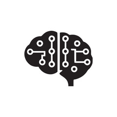 A stylized brain icon with circuit board elements in dark blue on a plain white background design element