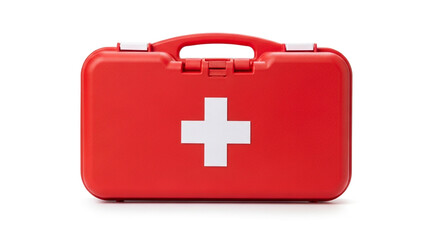 Obraz premium A red first aid kit on isolated on white background, symbolizing emergency preparedness, healthcare, and safety, with a clear visual representation of medical assistance