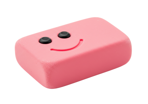 Pink rectangular eraser with smiley face isolated, school supply on transparent background - Powered by Adobe