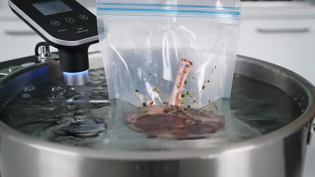 Cooking a delicious steak with the sous vide method brings out the flavors of herbs and spices. Watch as the meat is sealed and submerged to achieve perfection.