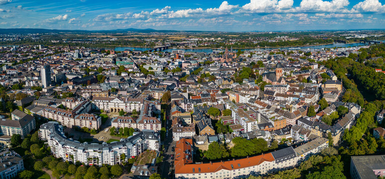 Aerial view around the old town of the city Mainz in Germany on a sunny spring day