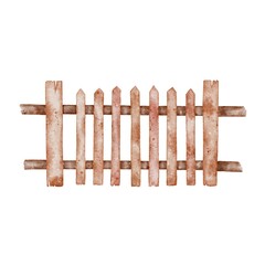 Brown wooden fence painted in watercolor style with rustic texture, isolated on white. Perfect for childrens designs, packaging, farming themes, stationery, stickers and rural branding