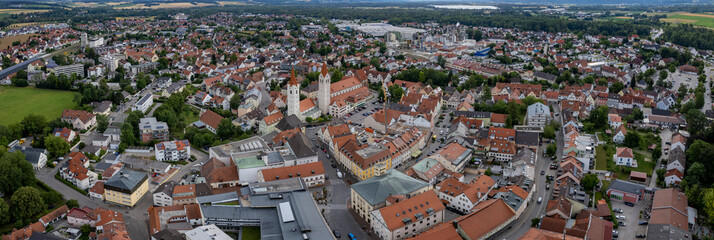 Aerial view around the old town of Moosburg in Germany on a cloudy autumn day