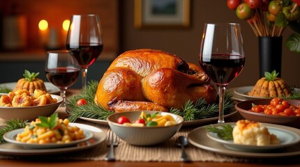 Traditional Thanksgiving Dinner with Roasted Turkey and Red Wine on a Festive Table