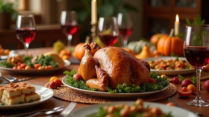 Traditional Thanksgiving Dinner with Roasted Turkey and Red Wine on a Festive Table