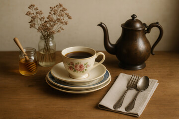Fototapeta premium Vintage tea-time still life with floral teacup and teapot