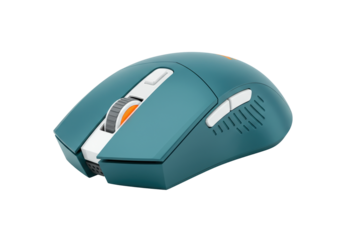 Teal ergonomic computer mouse isolated on transparent background, wireless gaming accessory