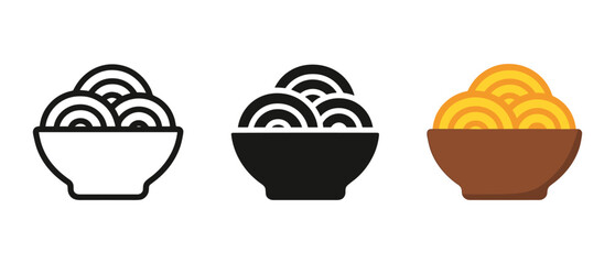 Outline, solid, and colorful noodle bowl icons in flat style