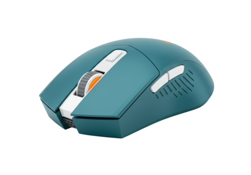 Teal ergonomic computer mouse isolated on transparent background, wireless gaming accessory