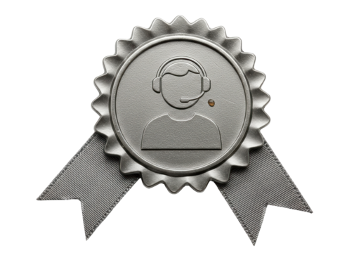 Silver customer service rosette isolated on transparent background, support badge PNG - Powered by Adobe