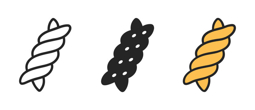 Rotini pasta trio: outline, solid, and colorful icon set for food design