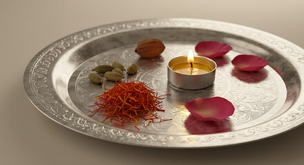 Silver Puja Thali Plate with Lit Candle Saffron Threads Rose Petals and Spices Traditional Hindu Prayer and Ritual Offering for Festivals and Auspicious Ceremonies in India