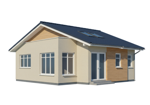 Modern bungalow house isolated, exterior view of a single-story home with dark roof