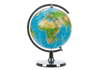 Detailed world globe isolated on pure white, geographical representation of continents and oceans