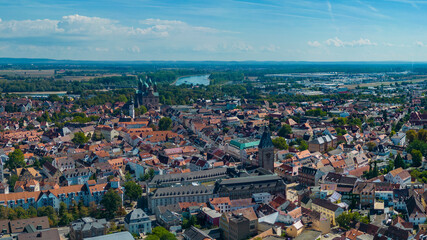 Aerial view around the old town of Speyer, 67346 in Germany on a sunny spring day