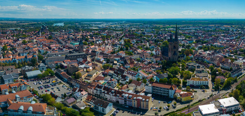 Aerial view around the old town of Speyer, 67346 in Germany on a sunny spring day