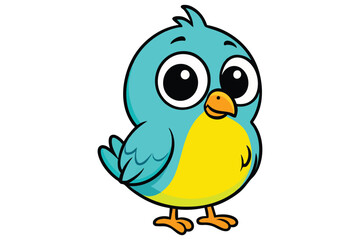 Adorable blue and yellow cartoon bird vector with big eyes, ideal for kids’ illustrations, stickers, and animal designs.