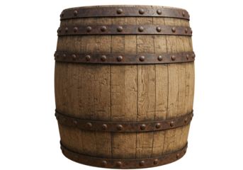 Wooden barrel with metal hoops isolated on transparent background, vintage container for storage