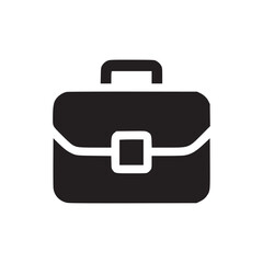 A simple dark blue briefcase icon with a handle and a white latch on a clean white background space
