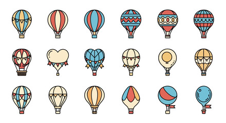 Collection of twenty colorful hot air balloon icons with different designs, outlined in black, arranged in rows.