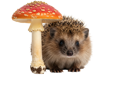 Cute European hedgehog with red mushroom isolated on transparent background, wildlife animal PNG