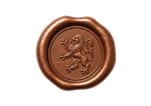 Bronze wax seal with lion isolated on transparent background, heraldic emblem