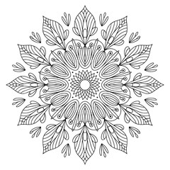 Symmetrical mandala design with floral motifs, black and white line drawing isolated on white background