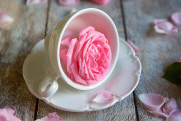 A cup of aromatic tea, a book and a rose on the table.