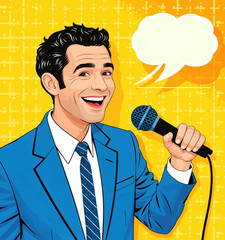 Man in Blue Suit Singing into Microphone with Thought Bubble