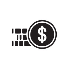 A dark blue dollar coin icon with a grid pattern on its left side against a white background space