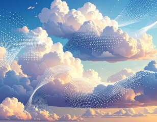 Dreamy pastel sky filled with fluffy clouds and swirling data streams