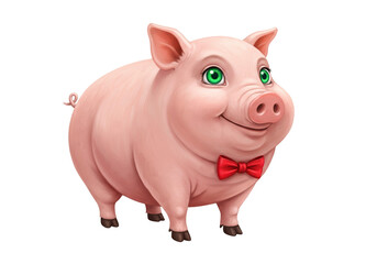 Cute pink pig with red bow tie PNG isolated on transparent background, cartoon farm animal