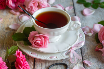 A cup of aromatic tea, a book and a rose on the table.