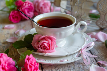 A cup of aromatic tea, a book and a rose on the table.