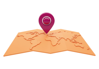 World map with location pin isolated on transparent background, global destination concept