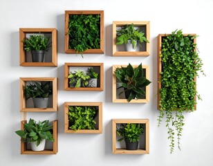 Collection of various indoor plants framed in wooden boxes, arranged on a white wall