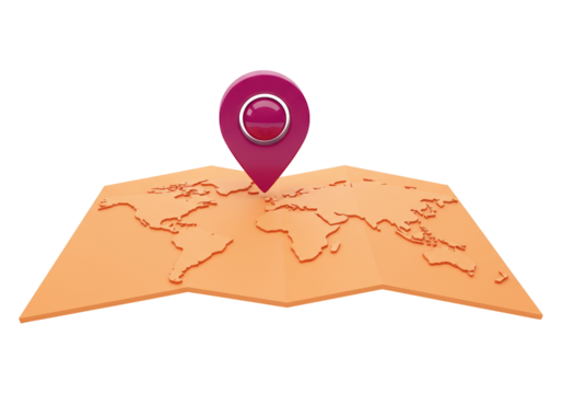 World map with location pin isolated on transparent background, global destination concept