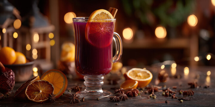 A steaming glass of festive Punsch a warm German-Austrian holiday punch deep red in color,  and glowing fairy lights. Background shows a cozy winter scene or Christmas market.