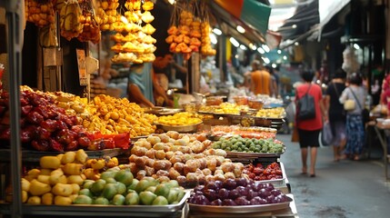 A vibrant street market scene displaying a variety of colorful fruits and food stalls with people walking