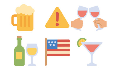 Colorful flat drink icons with warning sign and american flag
