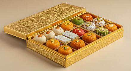 Ornate Golden Gift Box Filled with Vibrant Multi Colored Indian Mithai Sweets for Festive Celebrations Like Diwali and Raksha Bandhan Traditional Gourmet Dessert Assortment Presentation