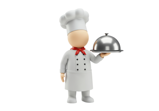 Chef character holding a silver serving platter isolated PNG, 3D rendering of a cook with a dish