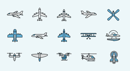 Fototapeta premium A collection of various aircraft icons, including airplanes, helicopters, drones, and propellers, displayed against a light blue background.