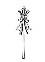 Vector illustration of a magic wand with a star, bow, and ribbons. Illustration for children's crafts, stationery, and printed materials.