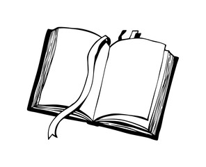 Vector illustration of an open book with a ribbon. Graphic design on the theme of magic and witchcraft. Isolated on a white background.